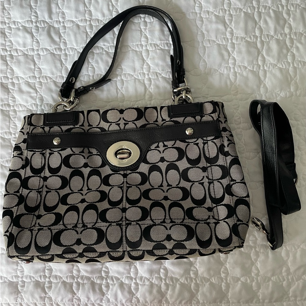 Coach Black and Gray Shoulder Bag with Signature Monogram